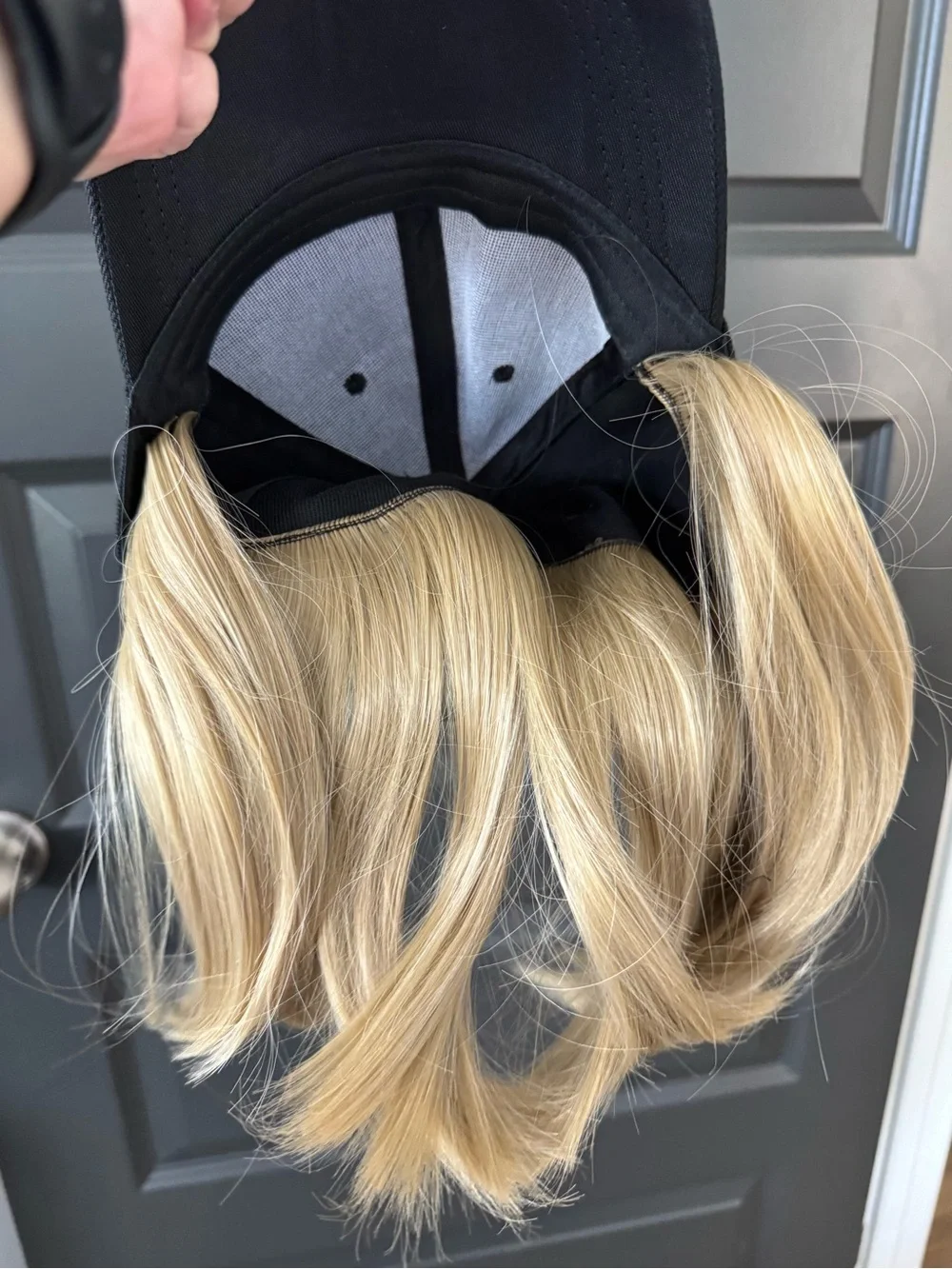 Black Baseball Cap with Blonde Wig Attachment